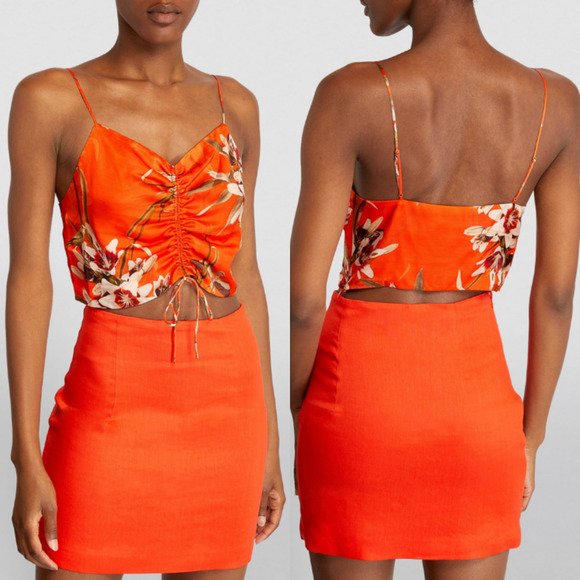All Saints Top Womens 2 Orange Alexia Dorada Silk Blend Cami Flame Orange Floral - Picture 2 of 16